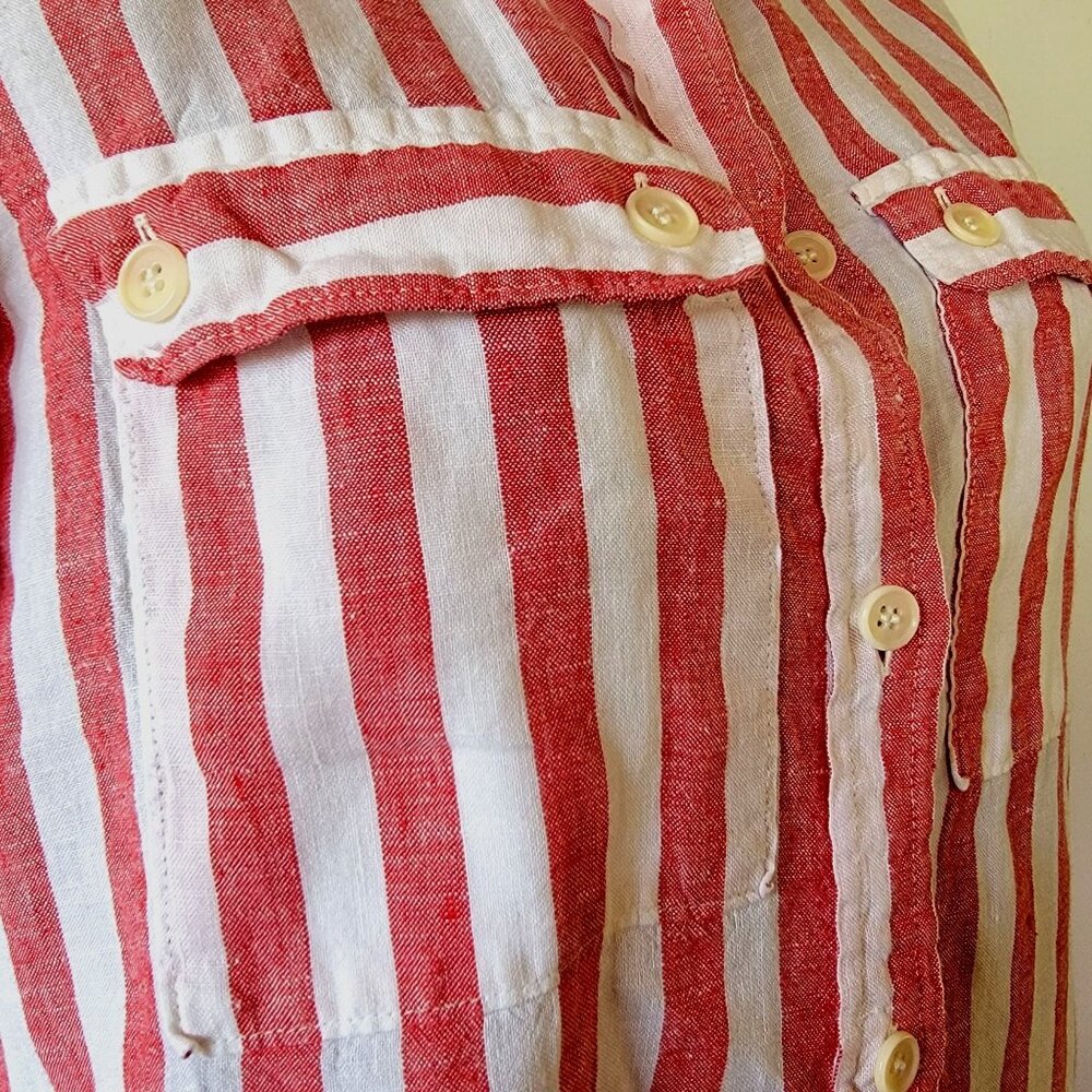 J Crew Linen Red & White Striped Button-Up Long Sleeve Shirt With Chest Pockets - Picture 5 of 11
